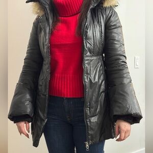 Mackage Black Puffer Jacket with Fur Trim Hood & Balloon Sleeves